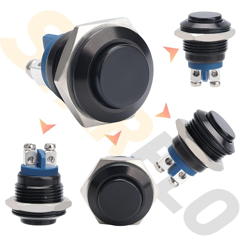 STARELO 5pcs 16mm Momentary Push Button Switch Black Shell, IP65 Waterproof Push Button Switch,Aluminum Alloy 1 Normally Open Without LED. - Image 2